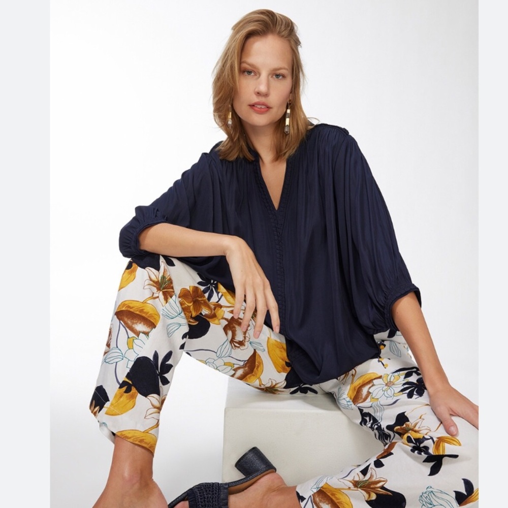 Chico’s Navy Braided Trim V Neck Top